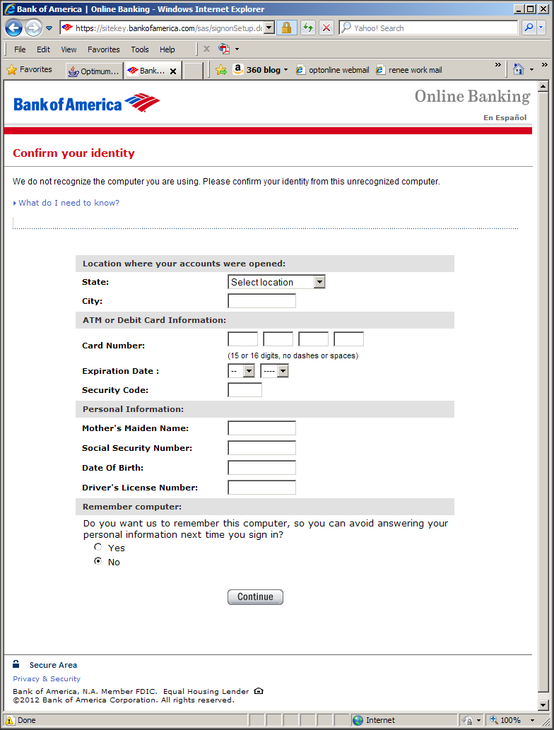 Bank of America identity theft virus-generated webpage